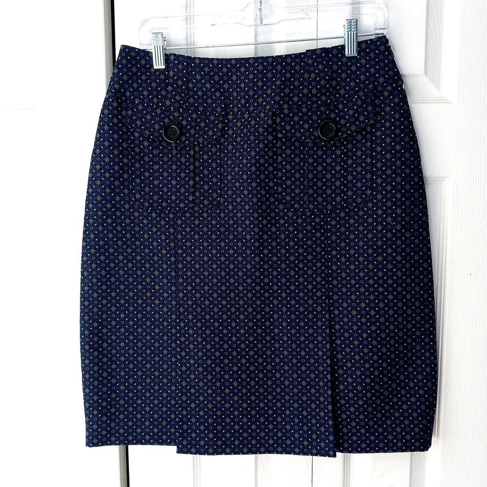 Pendleton Petite Size 8 Jacquard Skirt Navy Blue Pocket Kick Pleat
